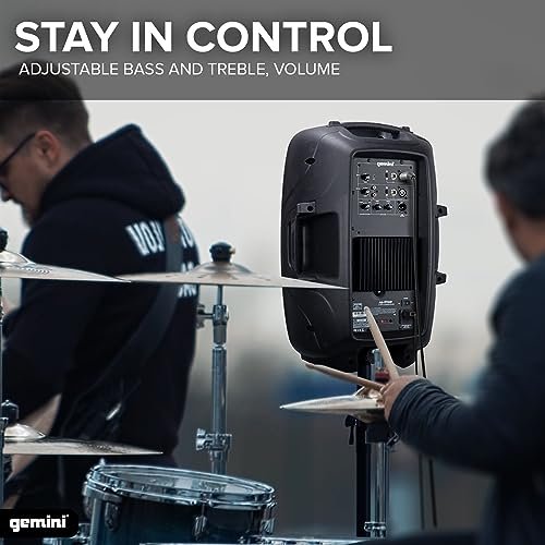 Gemini AS-2110P powered 10-inch PA speaker system in black with 1000W power, ABS cabinet, 55Hz-20kHz frequency range