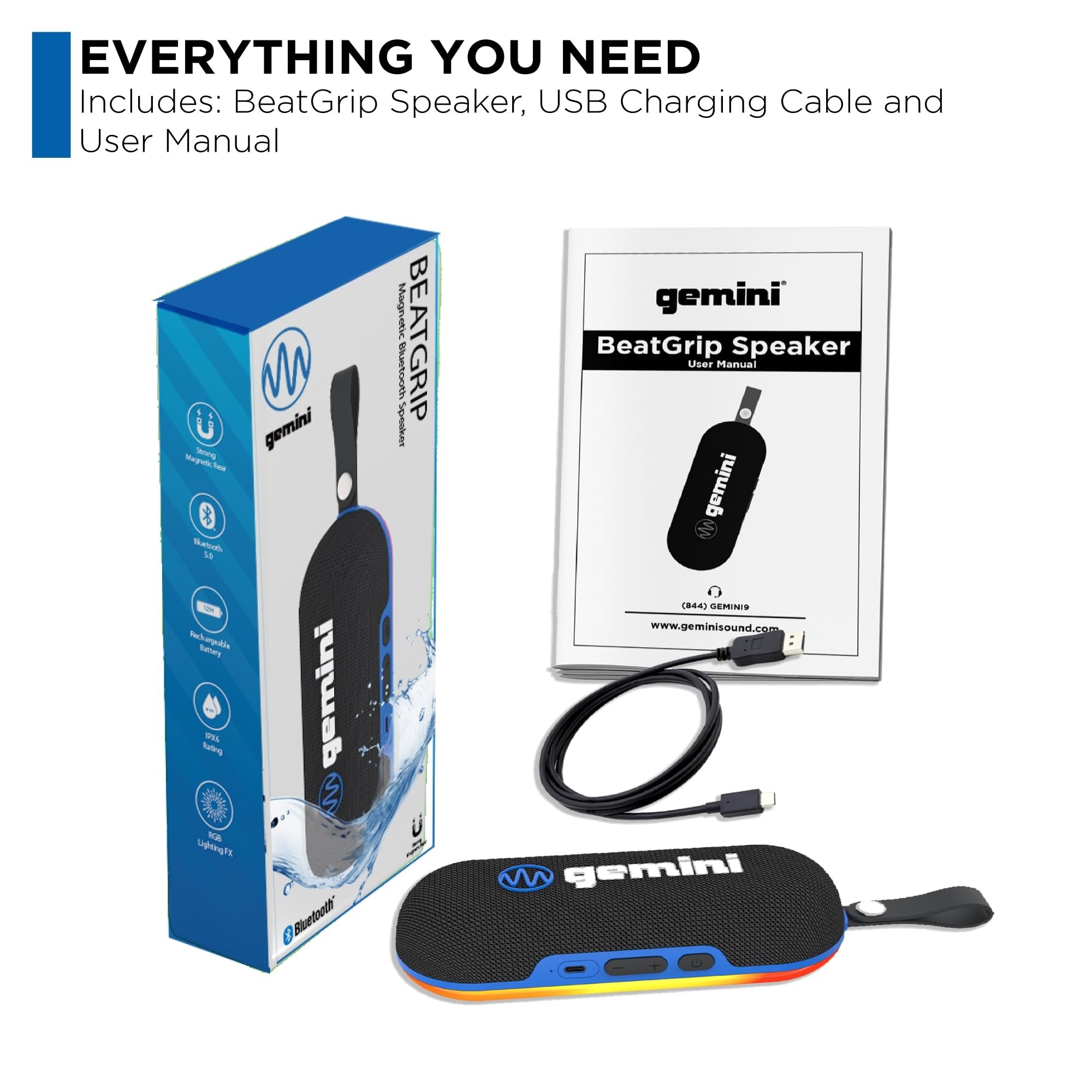 Portable IPX6 Bluetooth speaker with magnetic mount, LED lights, and 12-hour battery by Gemini Sound.