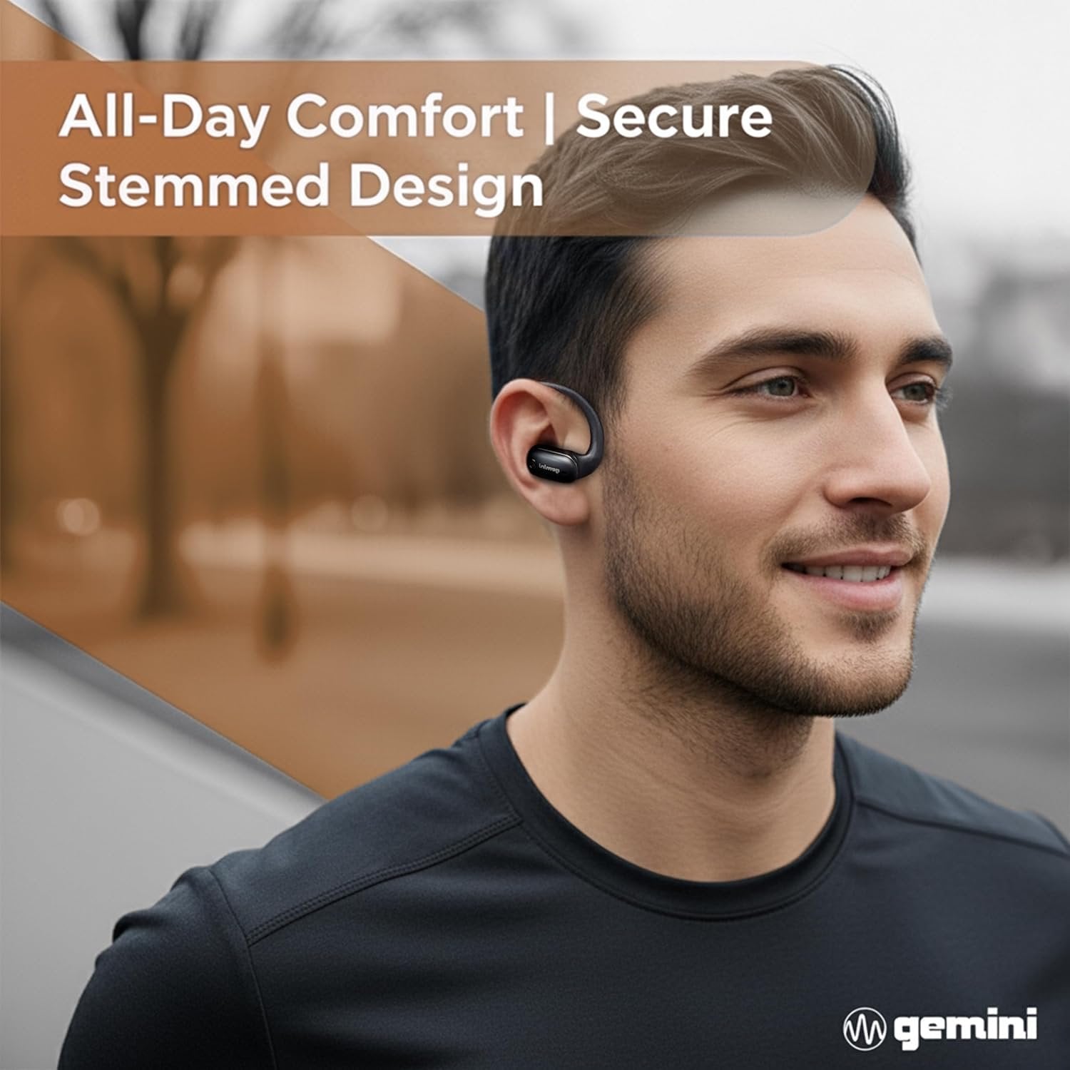 Black wireless GEBX-200 Bluetooth 5.4 sport earbuds with ear hooks and dynamic drivers by Gemini Sound