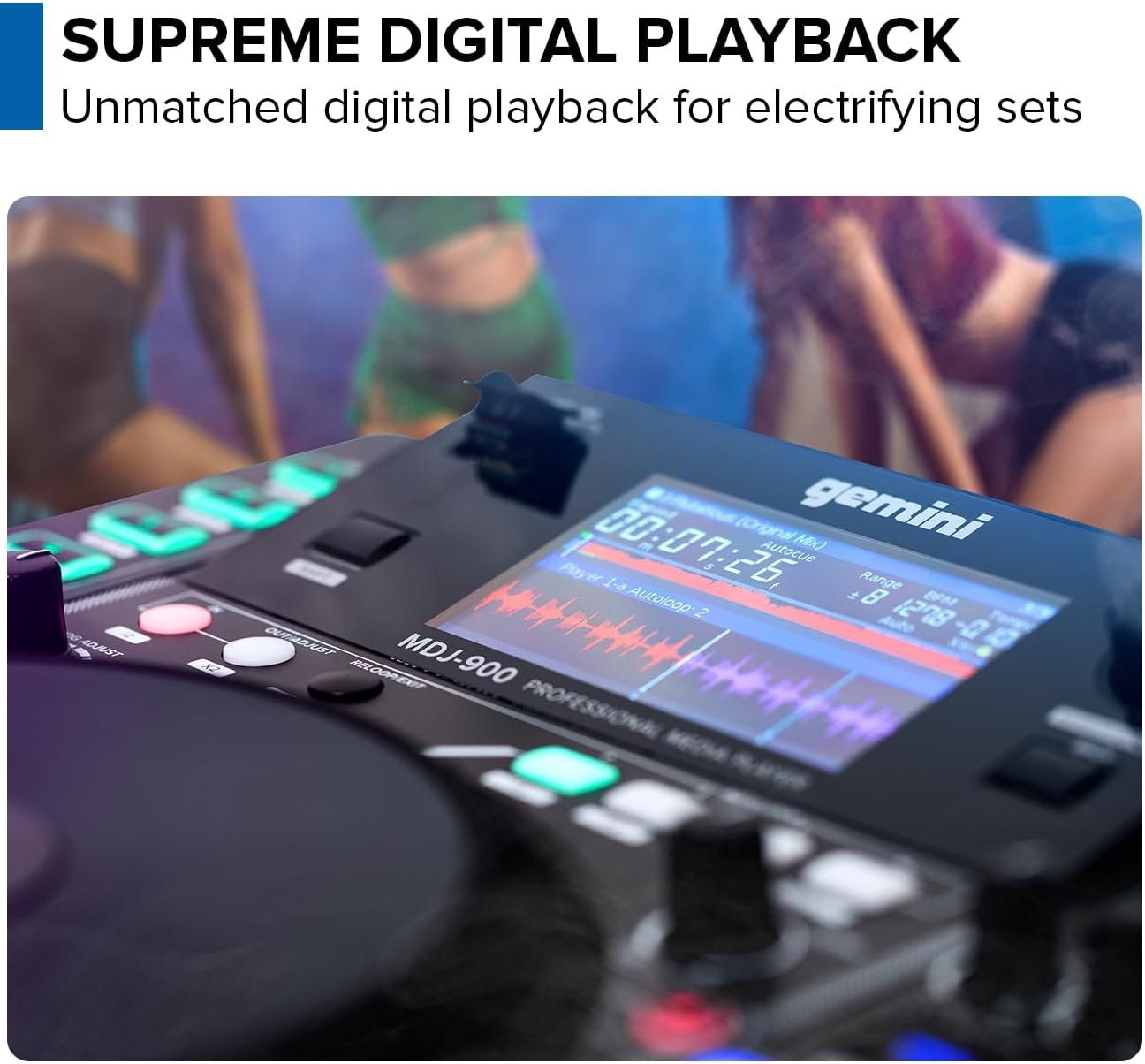 Gemini Sound MDJ-900 DJ media player with 8-inch touch screen and USB input, featuring beatmatching system.