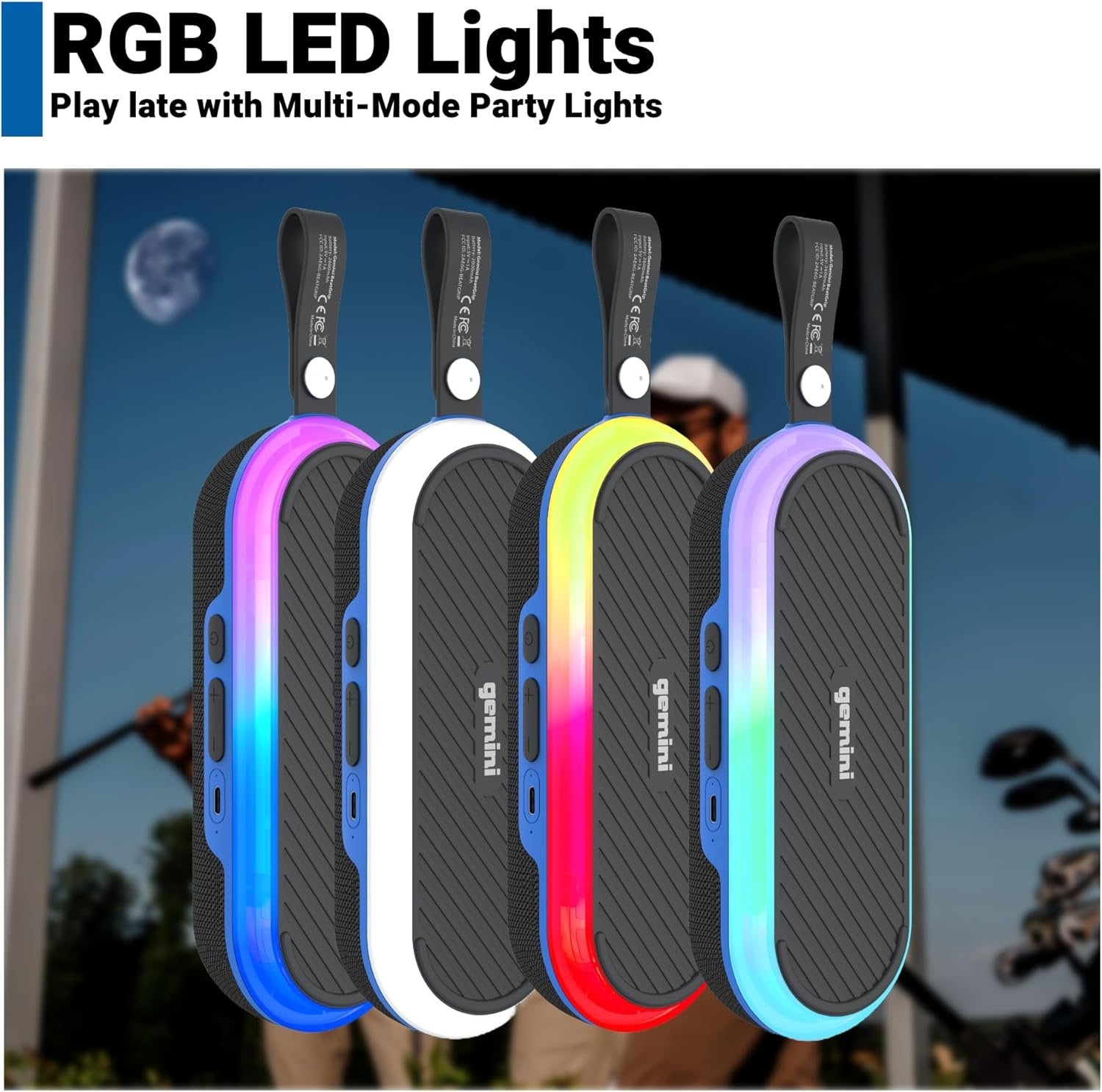 Gemini Sound portable Bluetooth speaker with magnetic base, IPX6 waterproof rating, and LED lights, ideal for golf carts.