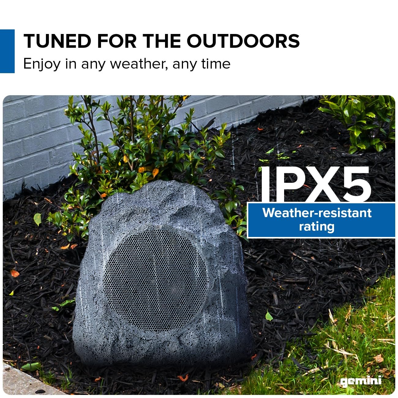 Gemini Sound waterproof rock speakers in natural stone finish, 40W Bluetooth outdoor sound system with 10-hour battery