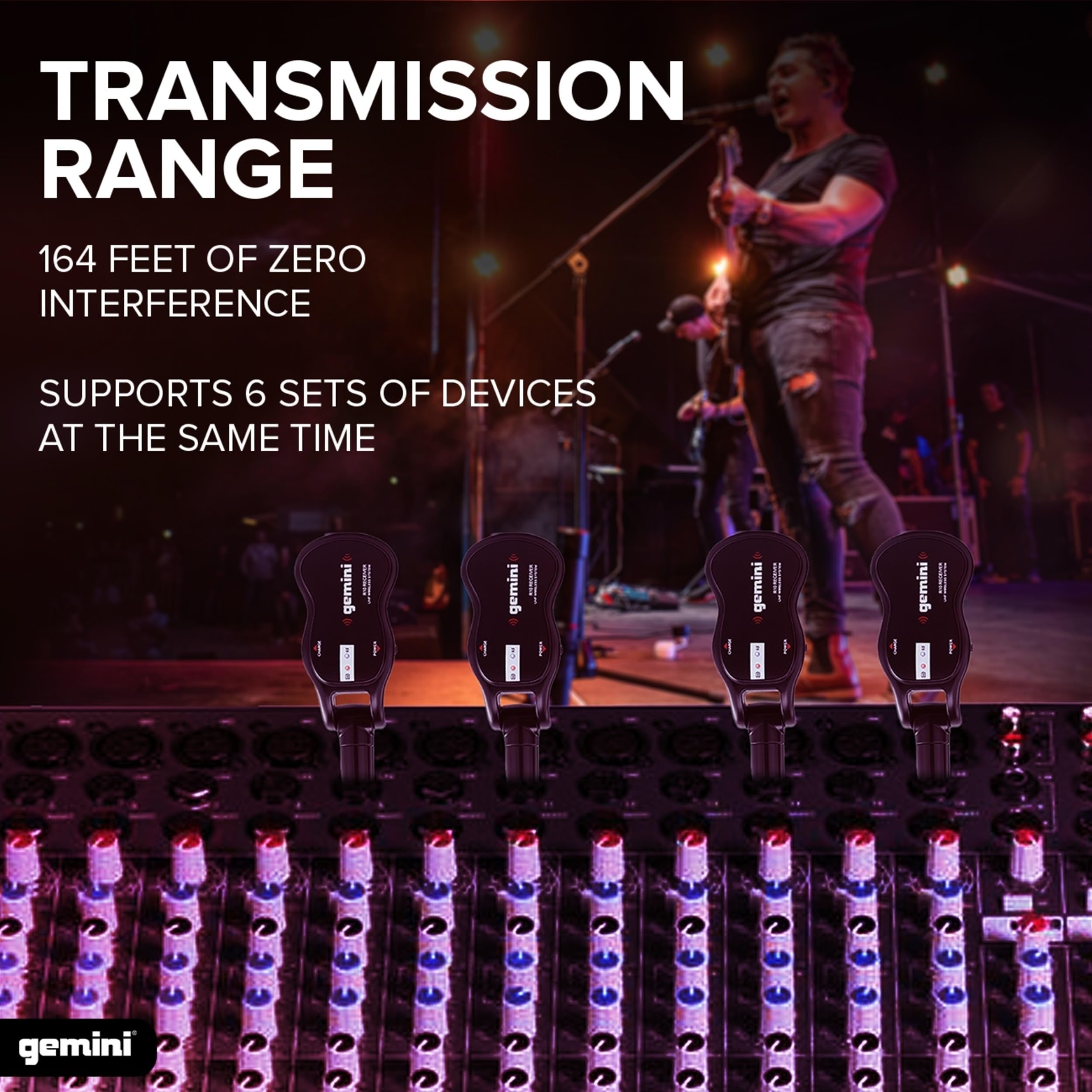 Gemini GMU-G100 rechargeable UHF wireless guitar system with compact transmitter and receiver, 50-meter range.