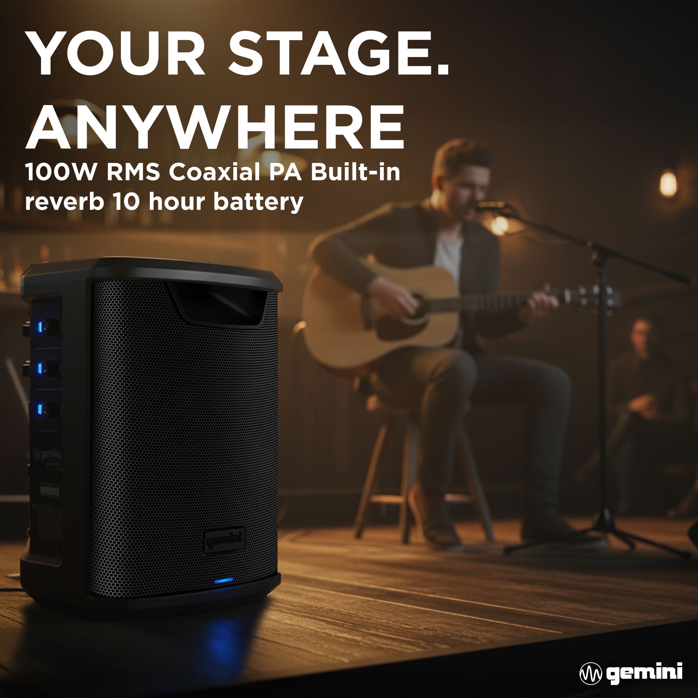 Gemini Sound GPSS-650 MKII portable rechargeable Bluetooth PA speaker — 100W RMS, 6.5" coaxial, 3-channel mixer with reverb