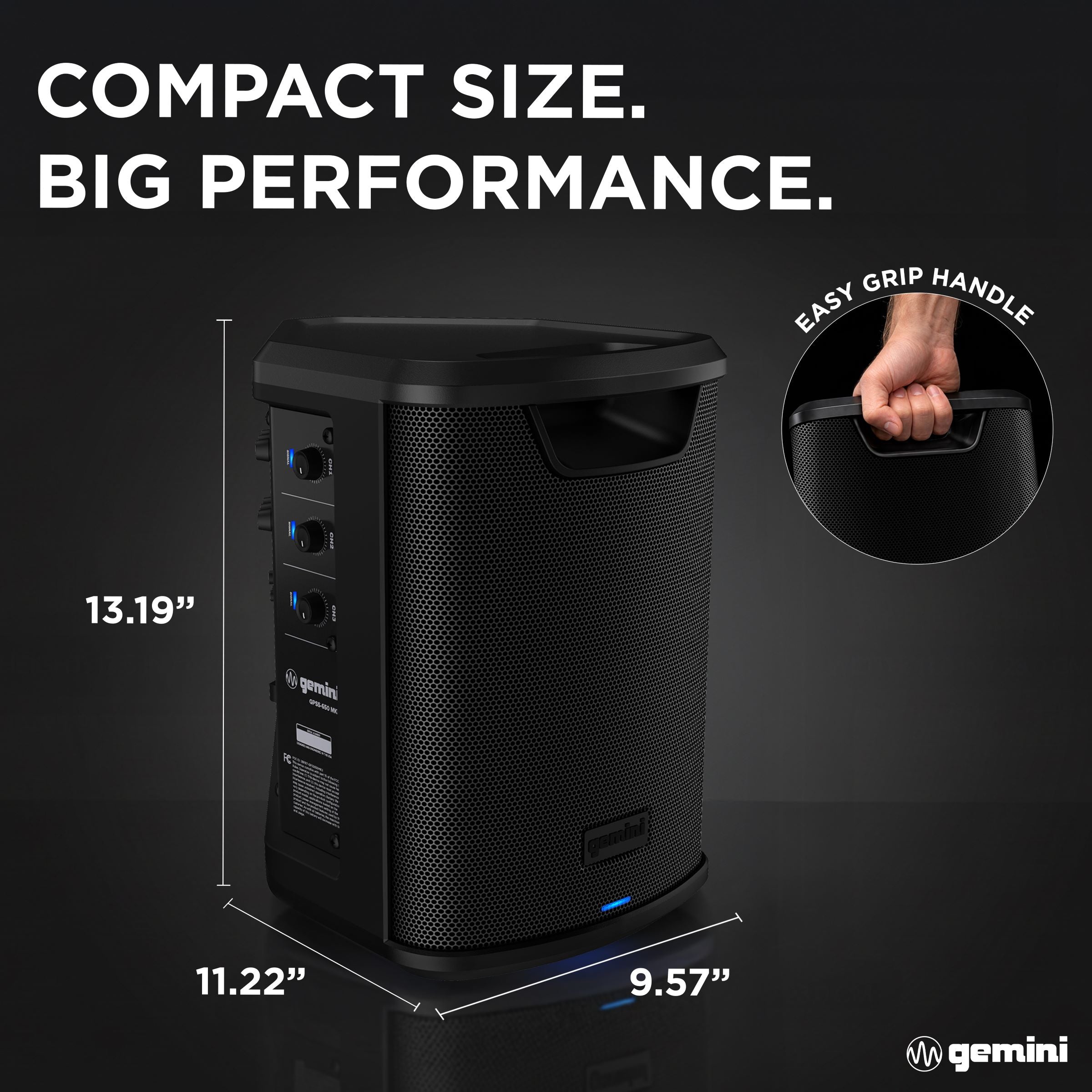 Gemini Sound GPSS-650 MKII portable rechargeable Bluetooth PA speaker — 100W RMS, 6.5" coaxial, 3-channel mixer with reverb