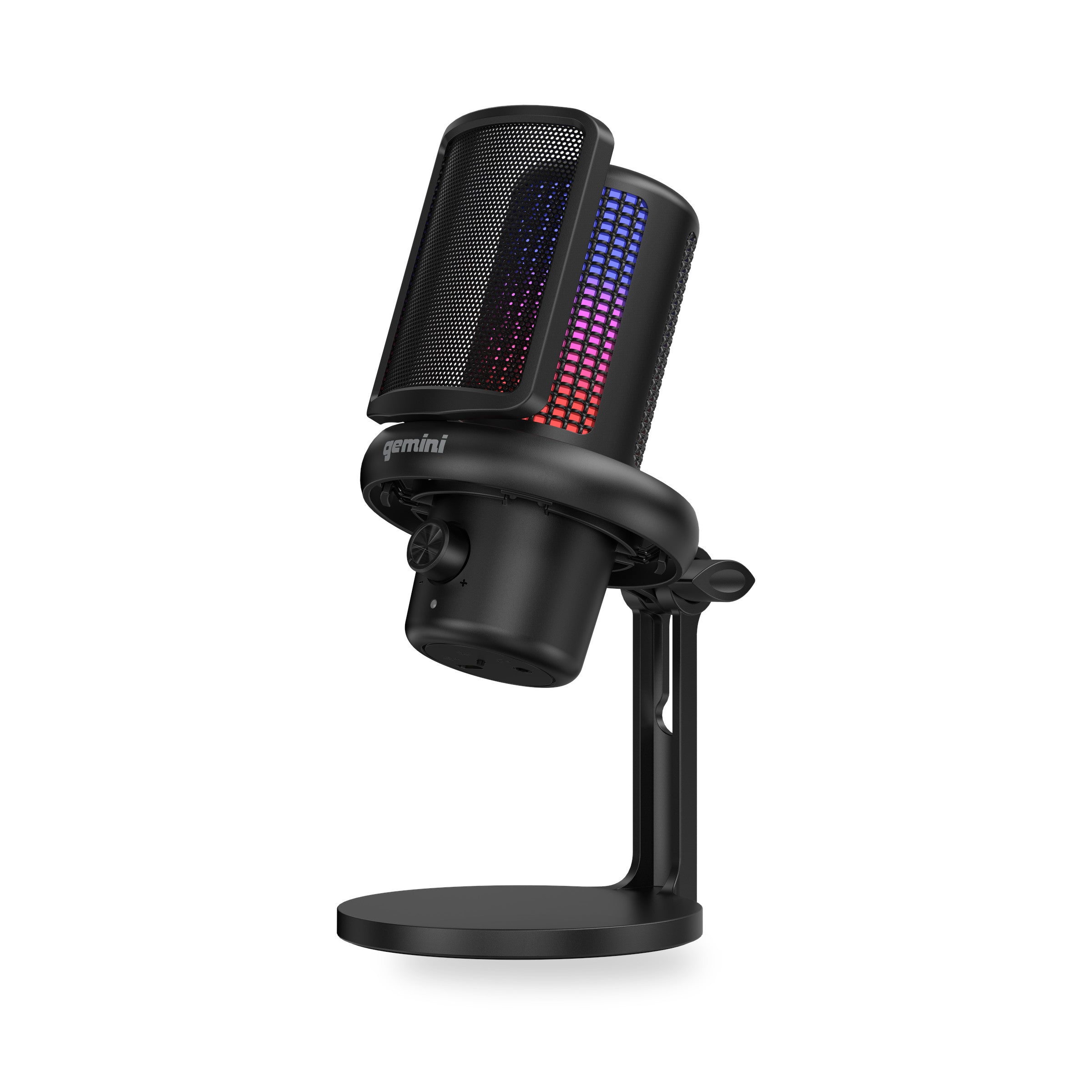 A black gaming microphone on a matching stand, featuring a vibrant RGB LED light strip on the front grille, set against a plain white background.