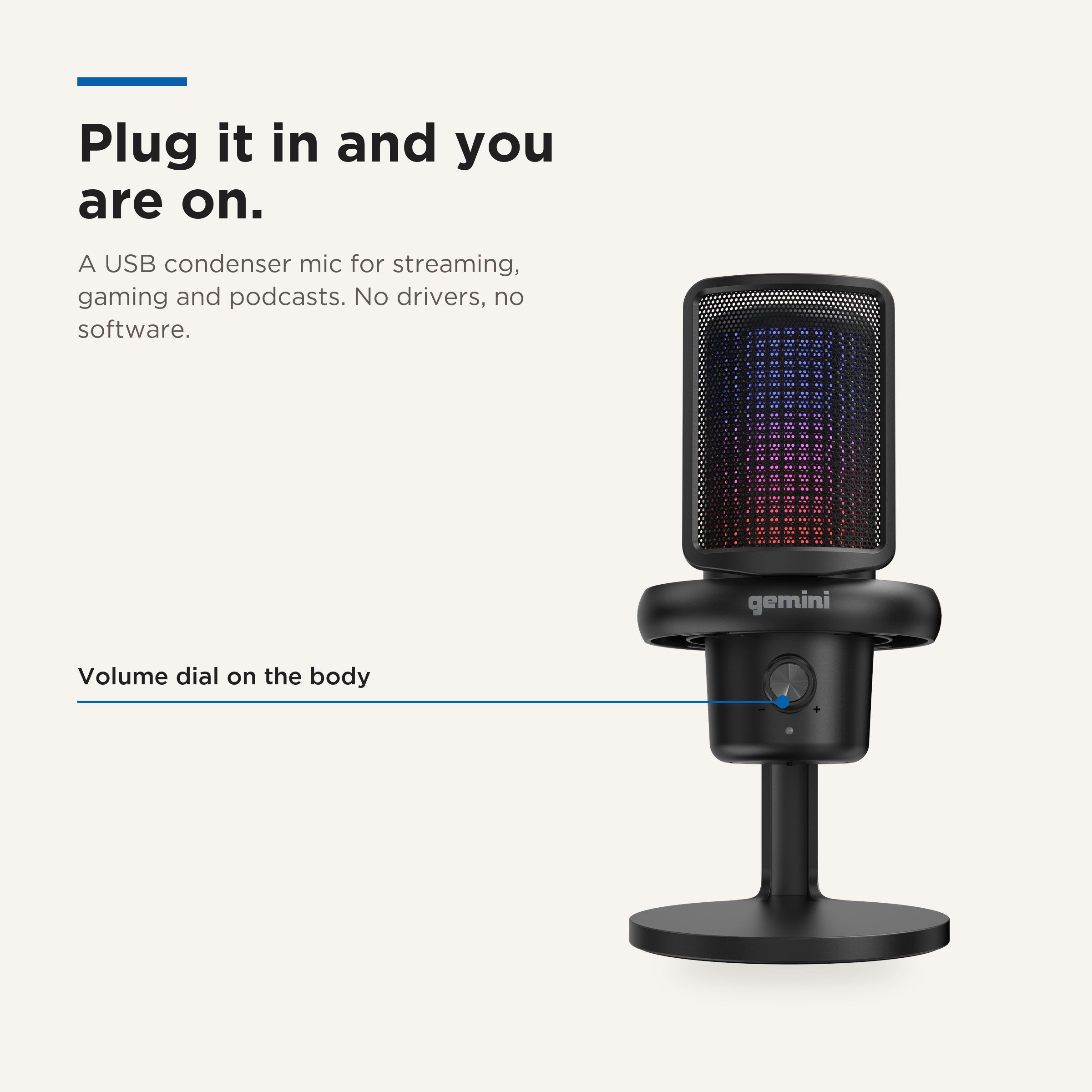 A black Gemini USB condenser microphone on a stand, shown on a light beige background with marketing text and callouts about plugging it in and the volume dial on the body.