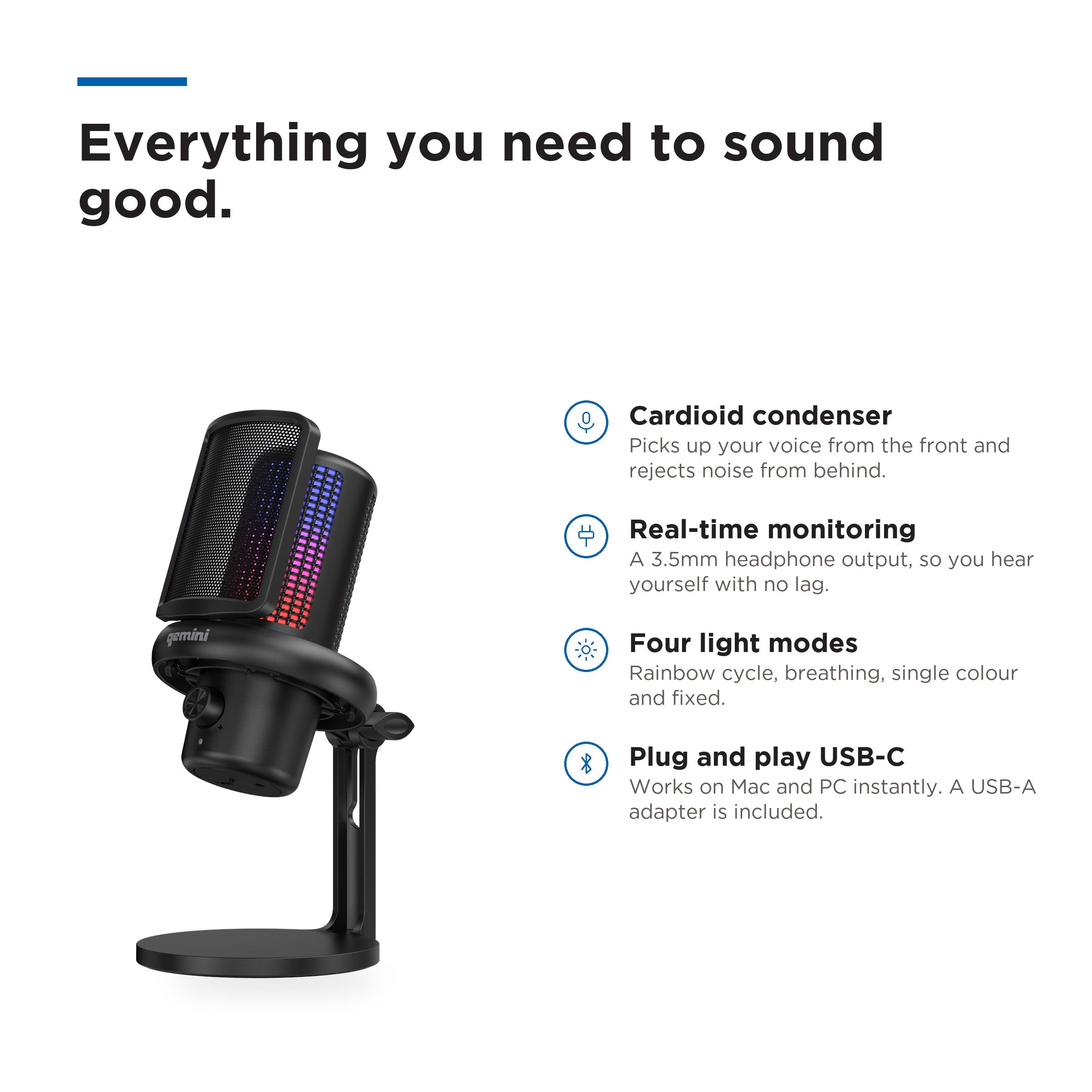 A black cardioid condenser microphone with rainbow-colored LED light bars on its side, shown on a white background with marketing text and feature callouts.