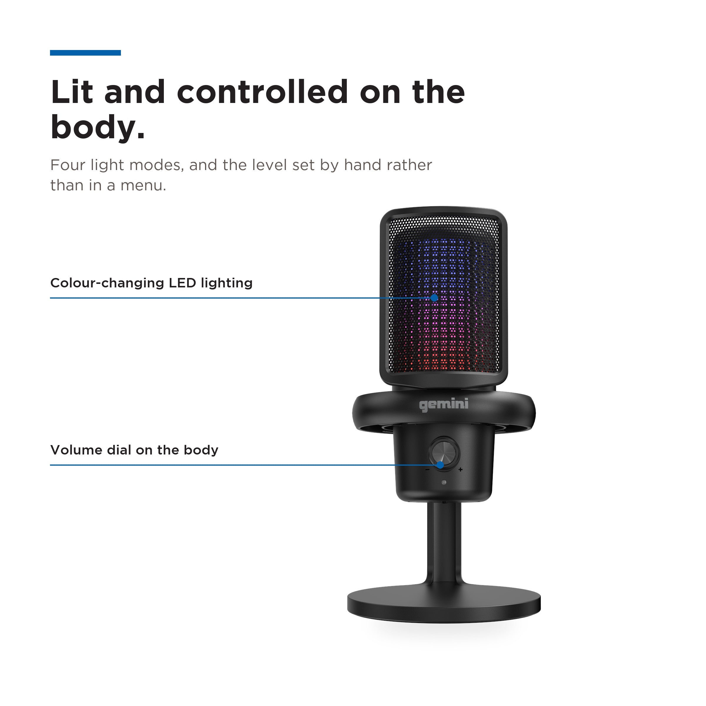 A black Gemini desktop microphone on a white background with marketing text and callout lines explaining its lit, controlled body, color-changing LED lighting, and volume dial.
