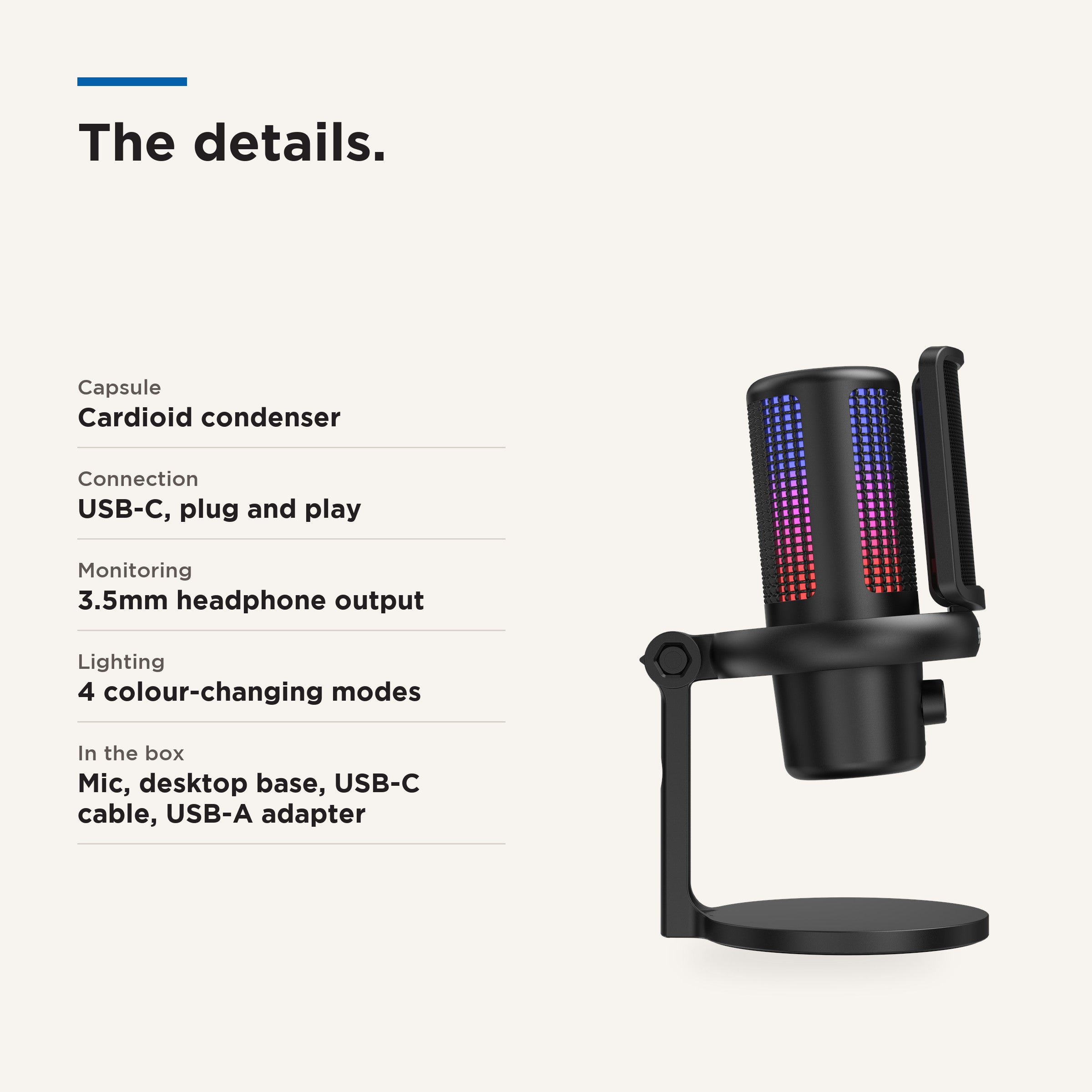 A studio product infographic showing a black desktop microphone on a stand against a light beige background, with text on the left detailing features such as a cardioid condenser, USB-C connection, 3.5mm headphone output, 4 colour-changing lighting modes, and included accessories.