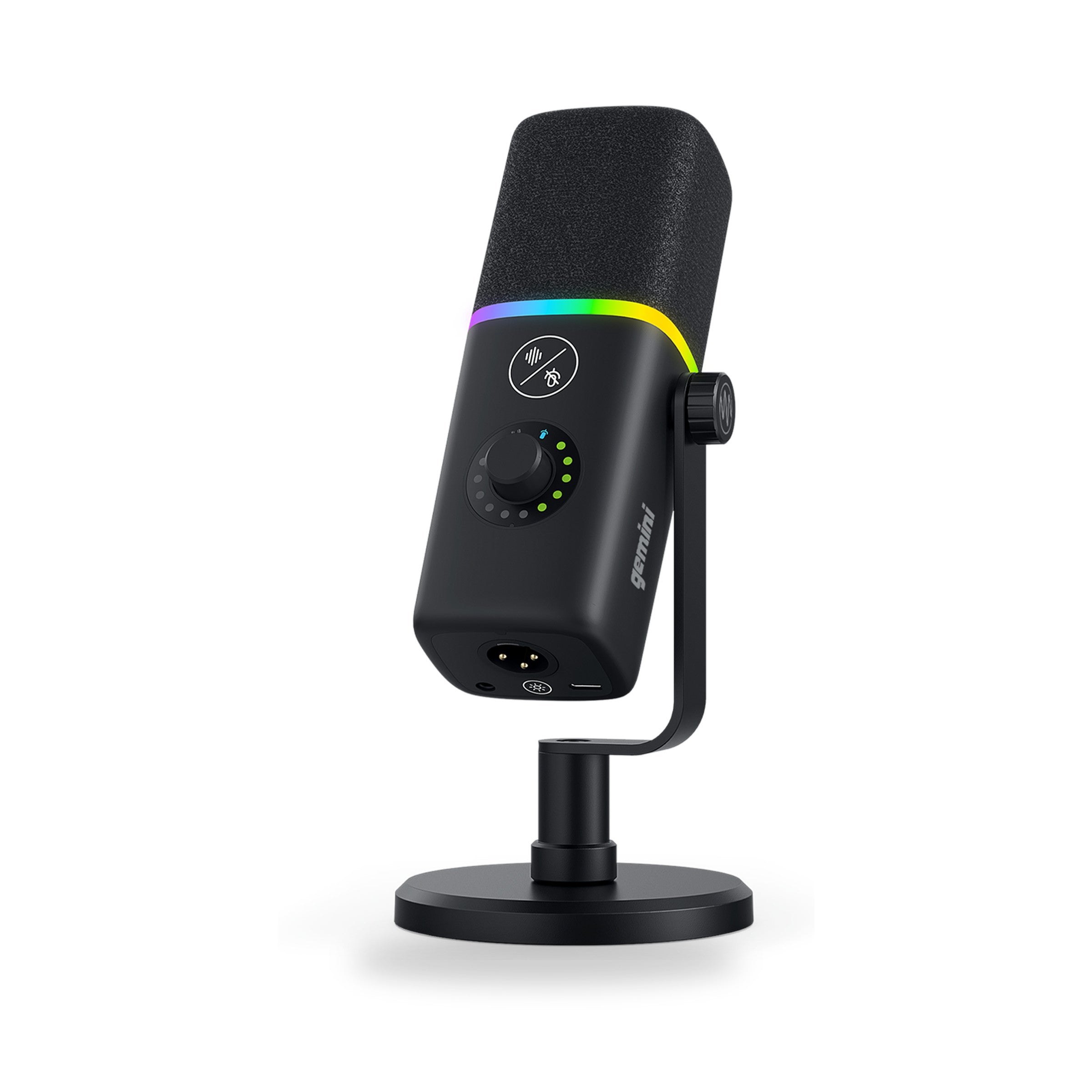 A black studio microphone on a matching stand, featuring a textured foam windscreen, a colorful LED rainbow ring, and a control dial on a clean white background.