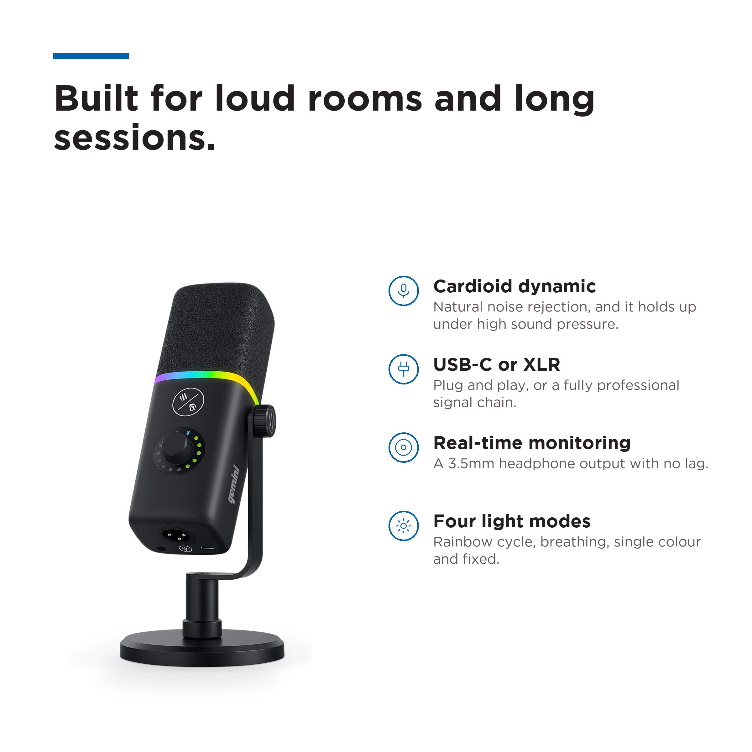 A black USB-C studio microphone on a stand, shown on a white background with marketing text highlighting noise rejection, USB-C/XLR connectivity, real-time monitoring, and four light modes.
