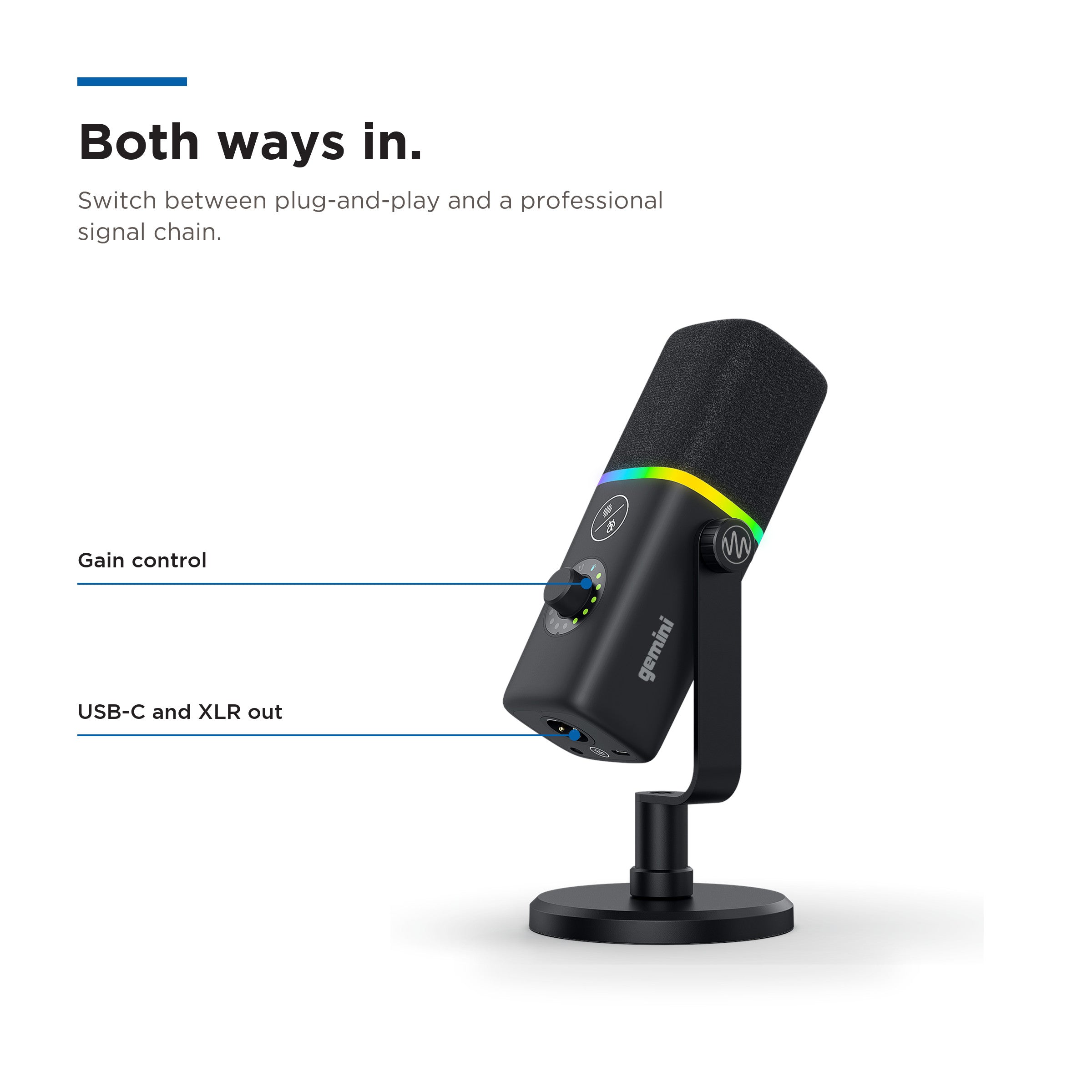 A black studio microphone on a stand with callout lines and text explaining gain control and USB-C and XLR out connections, on a clean white background.