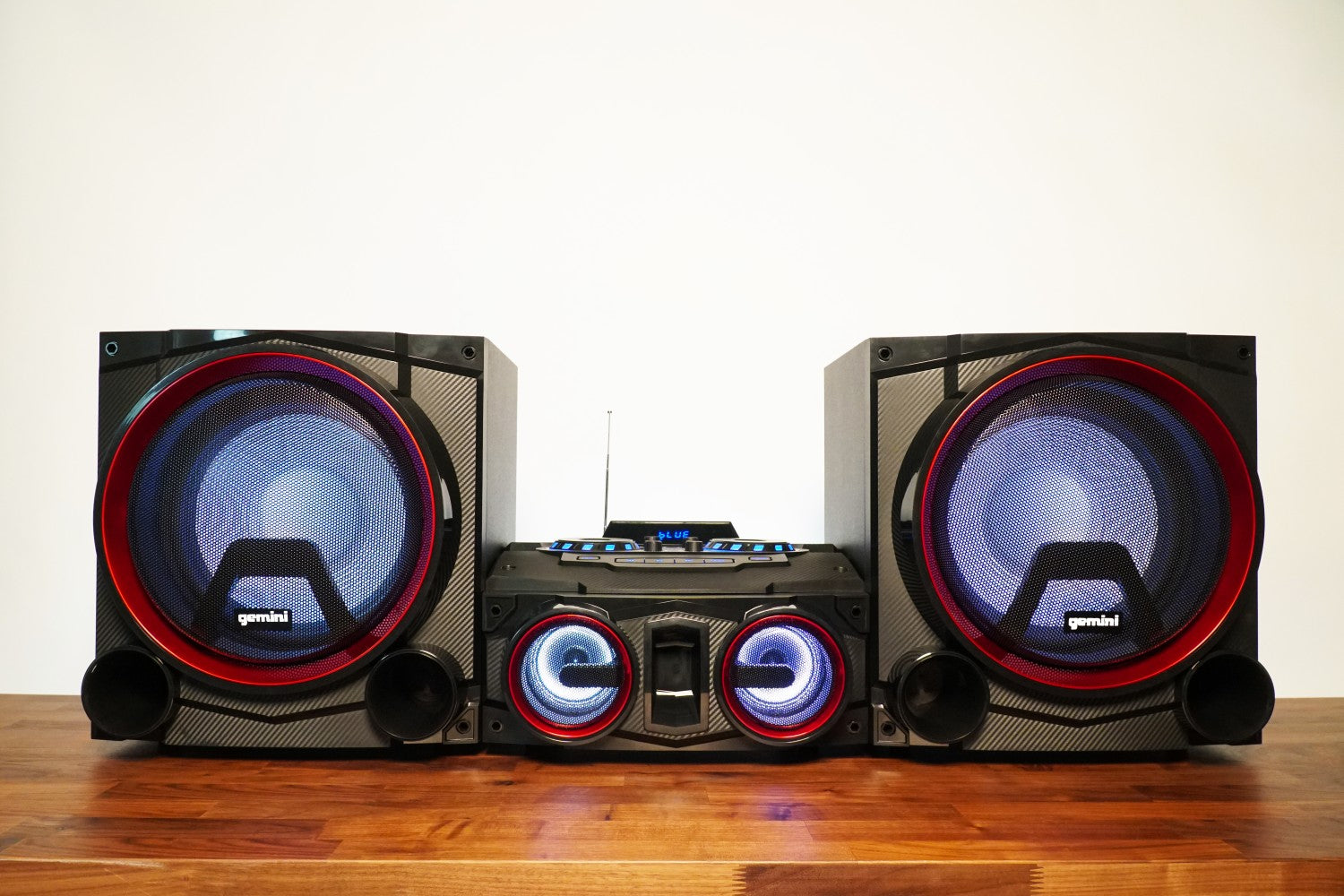 Compact Gemini speakers on a living-room surface for intimate karaoke