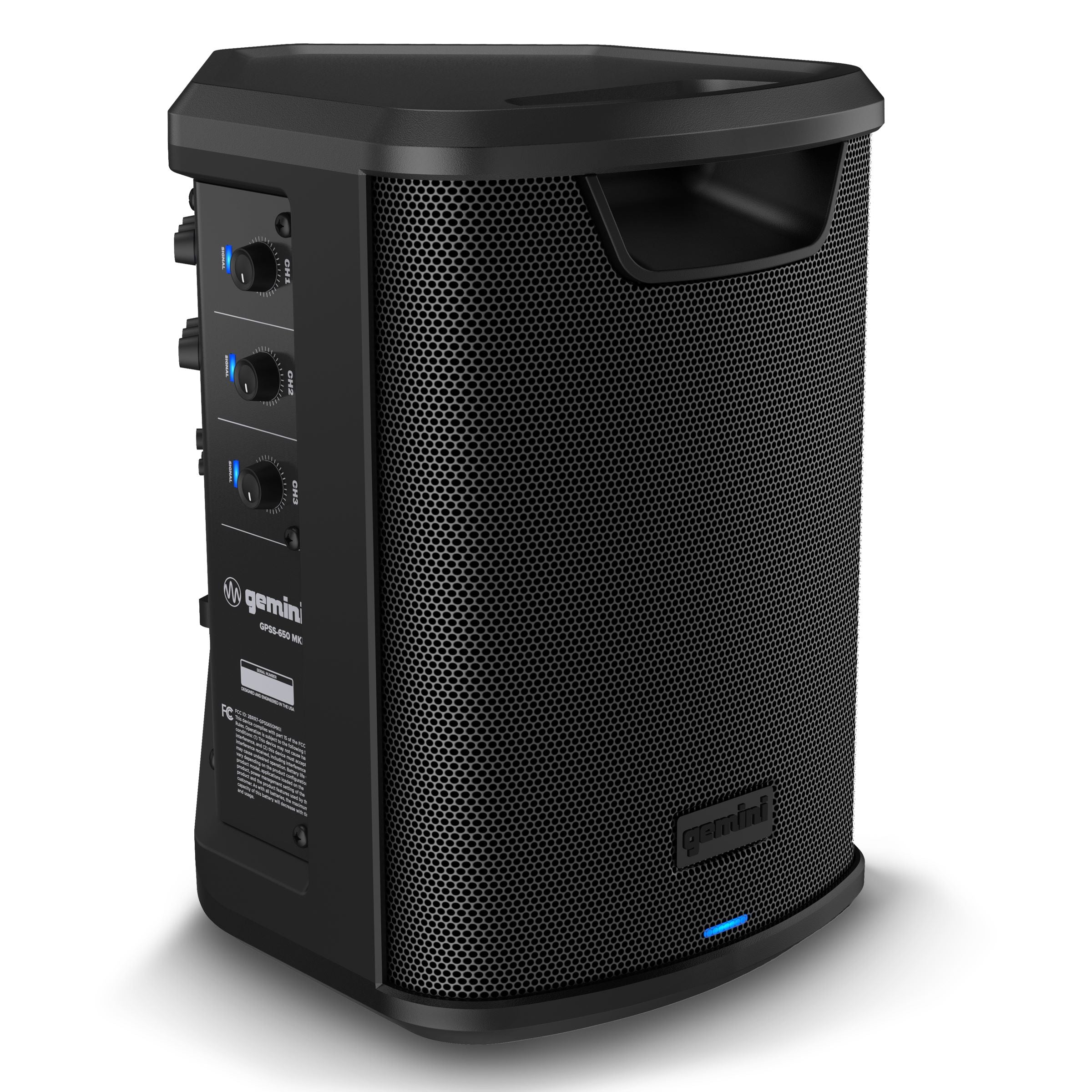 Gemini Sound GPSS-650 MKII portable rechargeable Bluetooth PA speaker — 100W RMS, 6.5" coaxial, 3-channel mixer with reverb