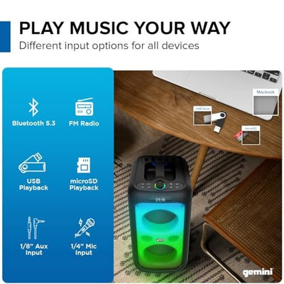 Gemini GGO-2650L portable Bluetooth boombox with karaoke mic and LED lights, dual 6.5" woofers, 9-hr battery