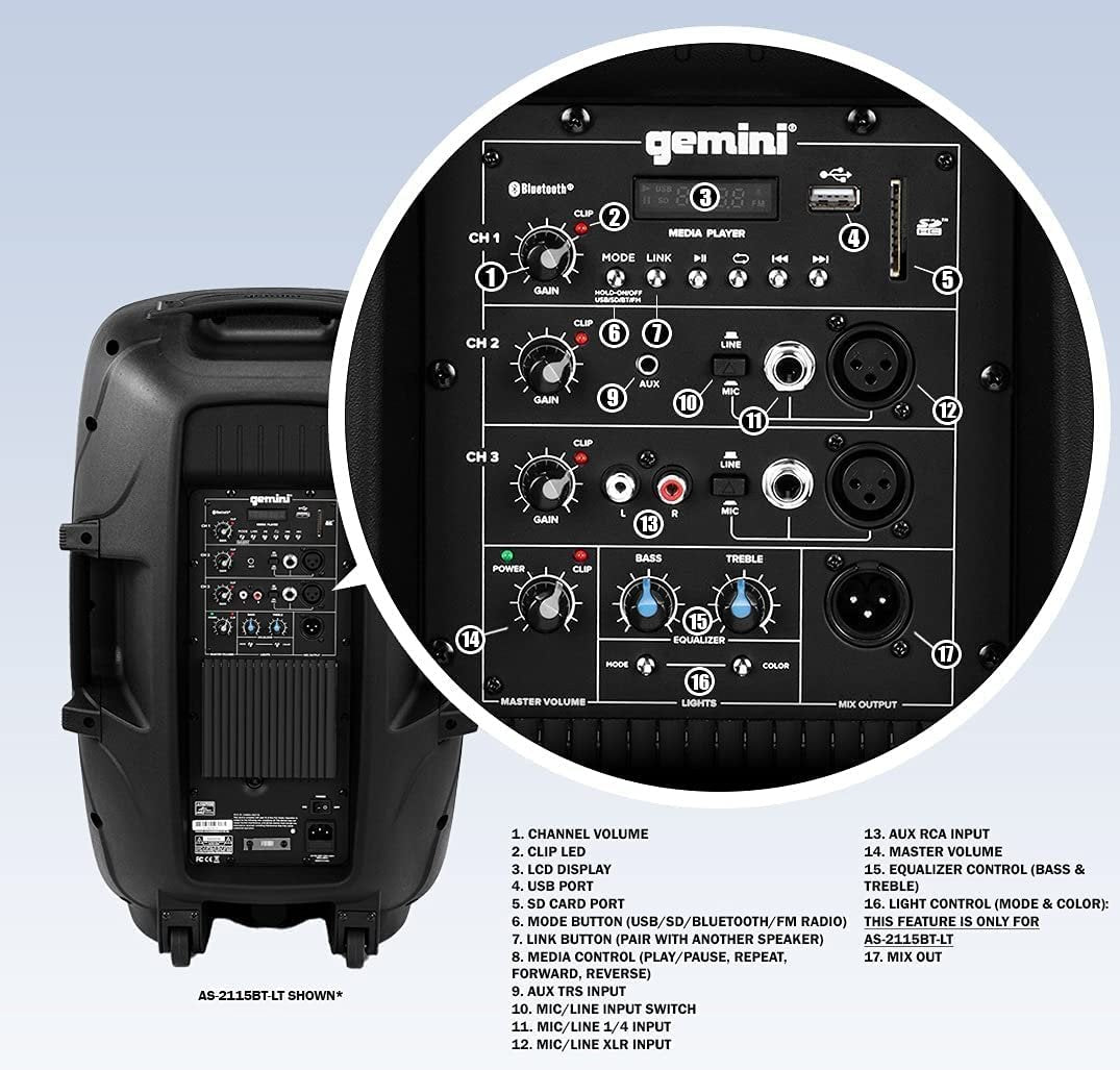 AS-2115BT-LT: 2000 Watt 15” Active Multi-LED Bluetooth® Loudspeaker