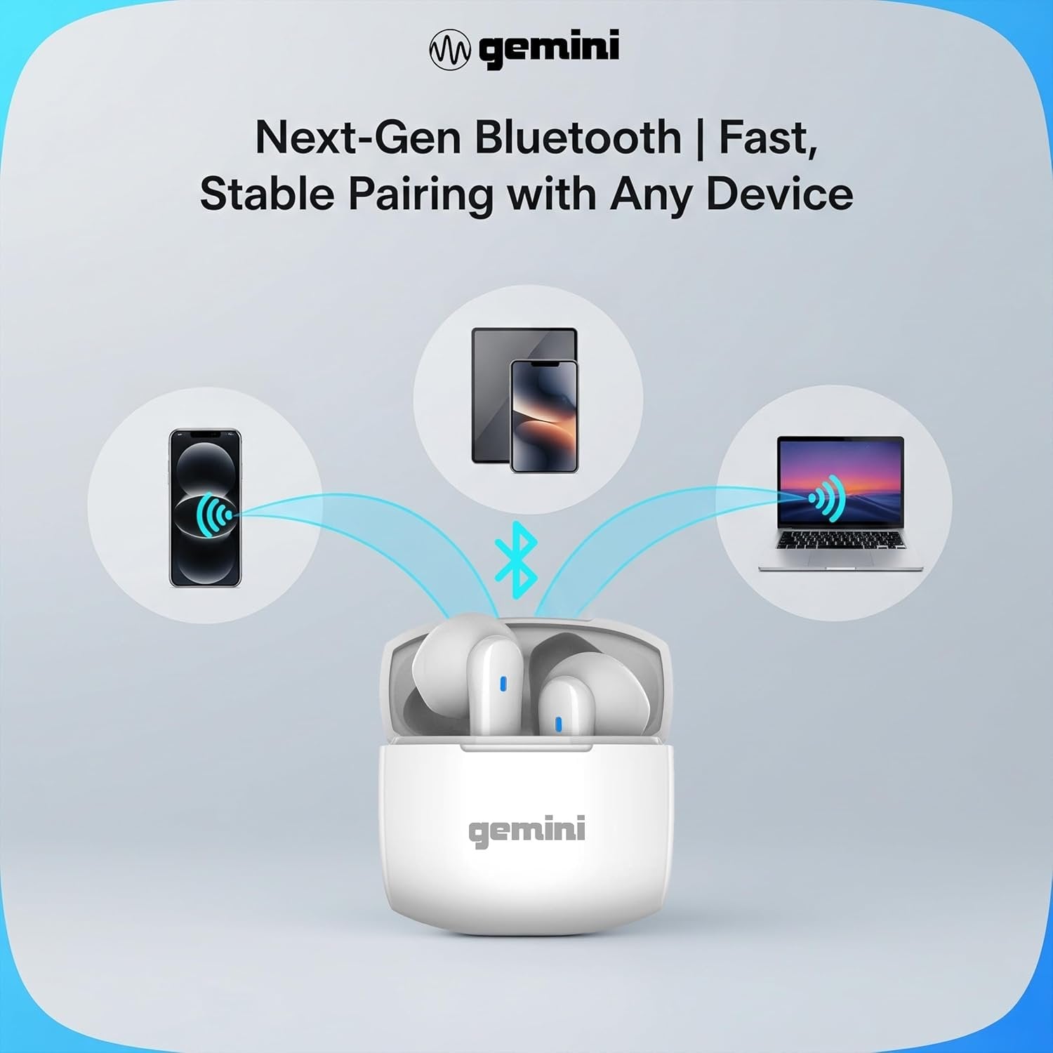 Wireless Bluetooth 5.4 earbuds with a charging case, featuring a sleek design and 13mm drivers by Gemini Sound.