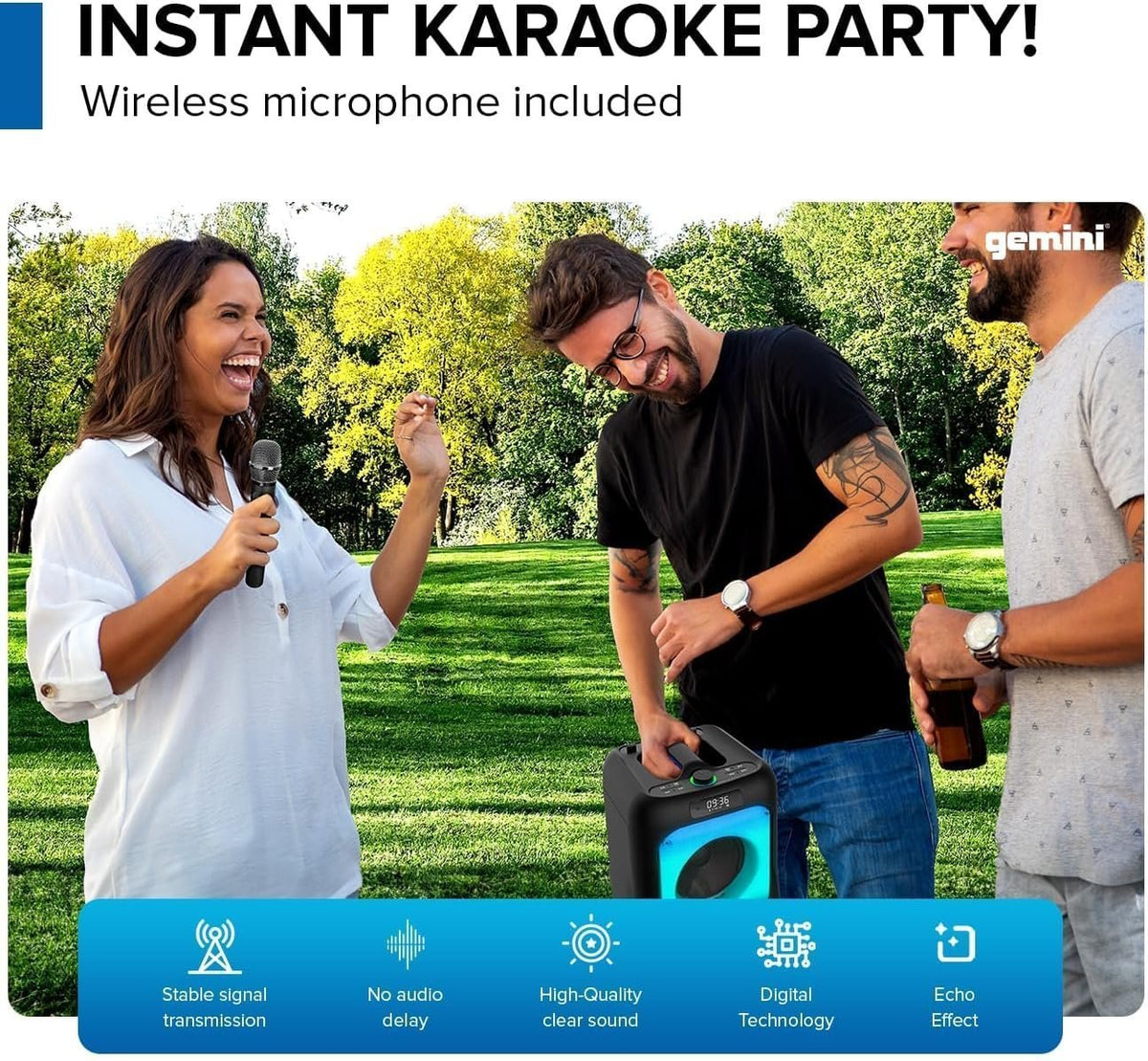 Gemini Sound karaoke speaker system, Bluetooth, wireless mics (GGO-2650L) — refurbished