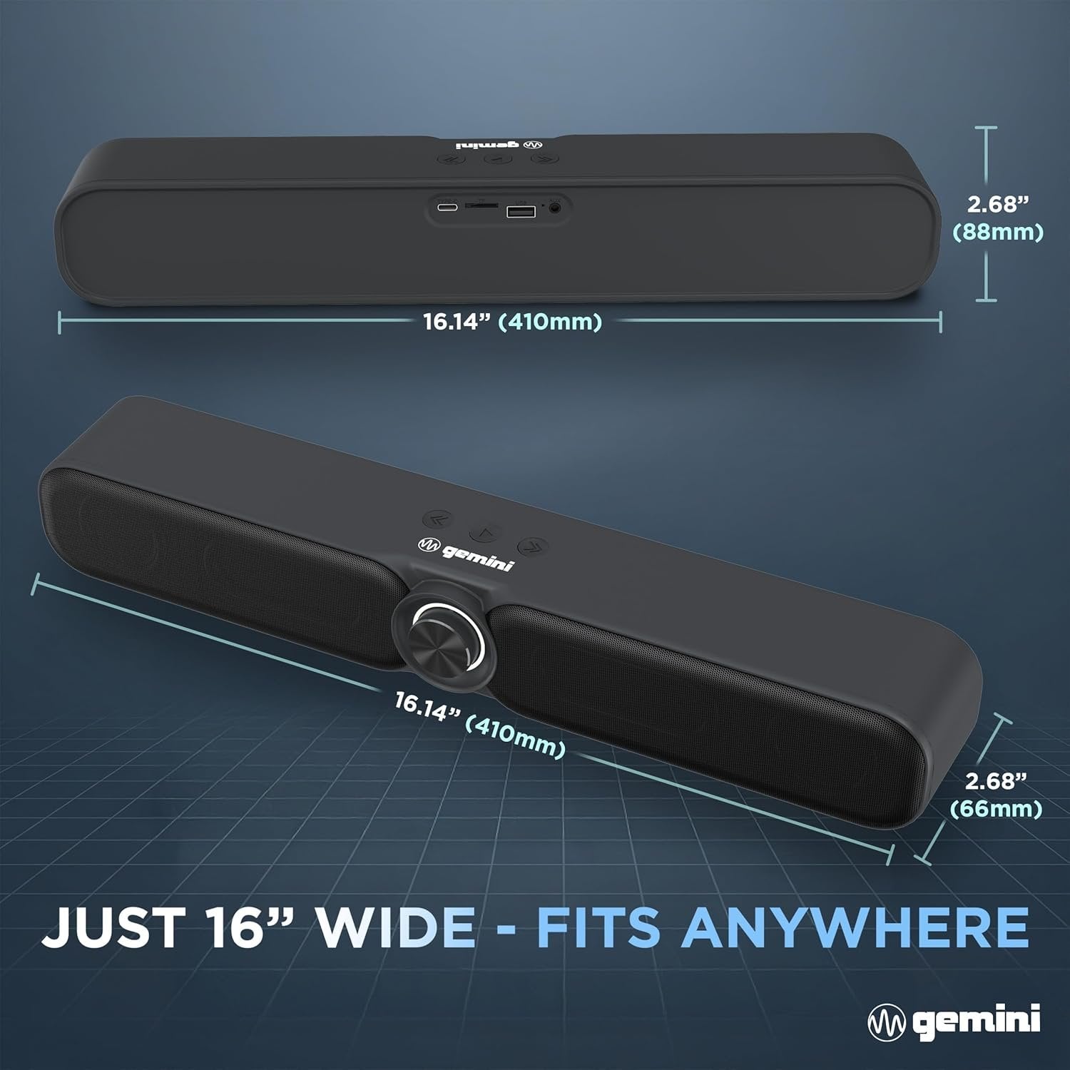 Gemini Sound GSBR-20 portable Bluetooth soundbar in black, 200W power, featuring a 3600mAh battery for 3.5 hours playback