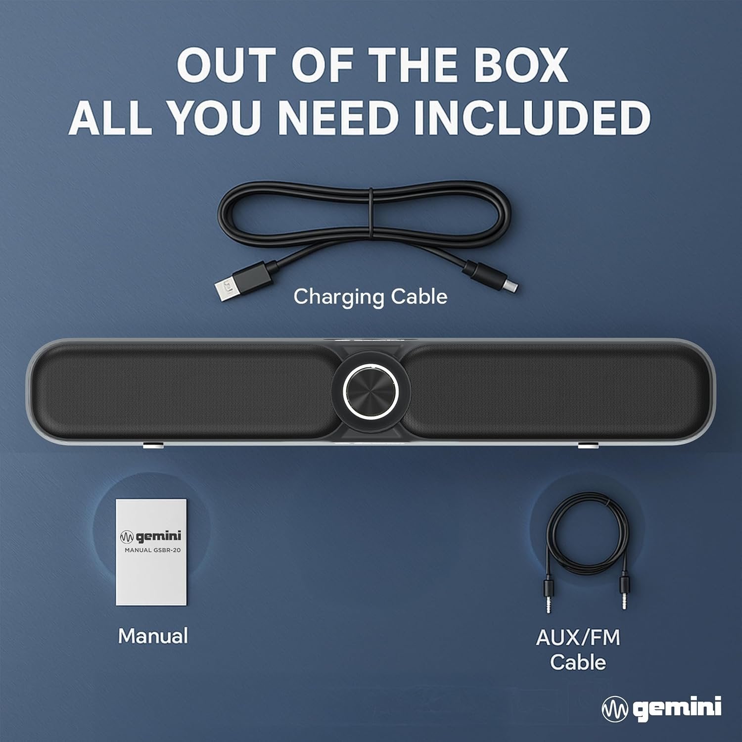 Gemini Sound GSBR-20 black portable Bluetooth gaming soundbar with 200W power and 3600mAh battery