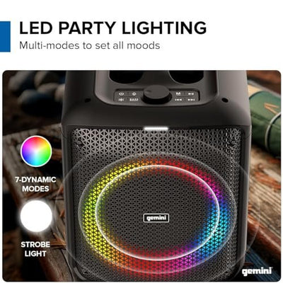 Gemini GGO-650L portable Bluetooth boombox with LED party lights, 6.5" woofer, 10-hour battery