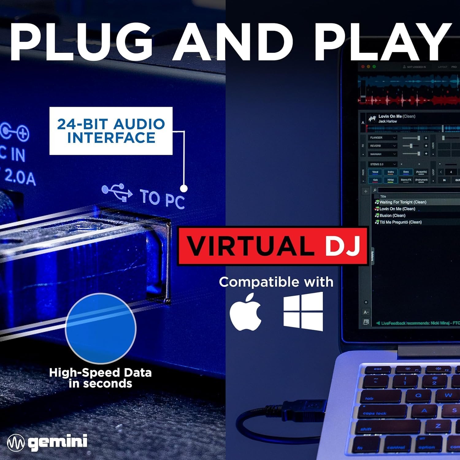 Gemini GMX two-channel DJ media player with portable design and digital controls